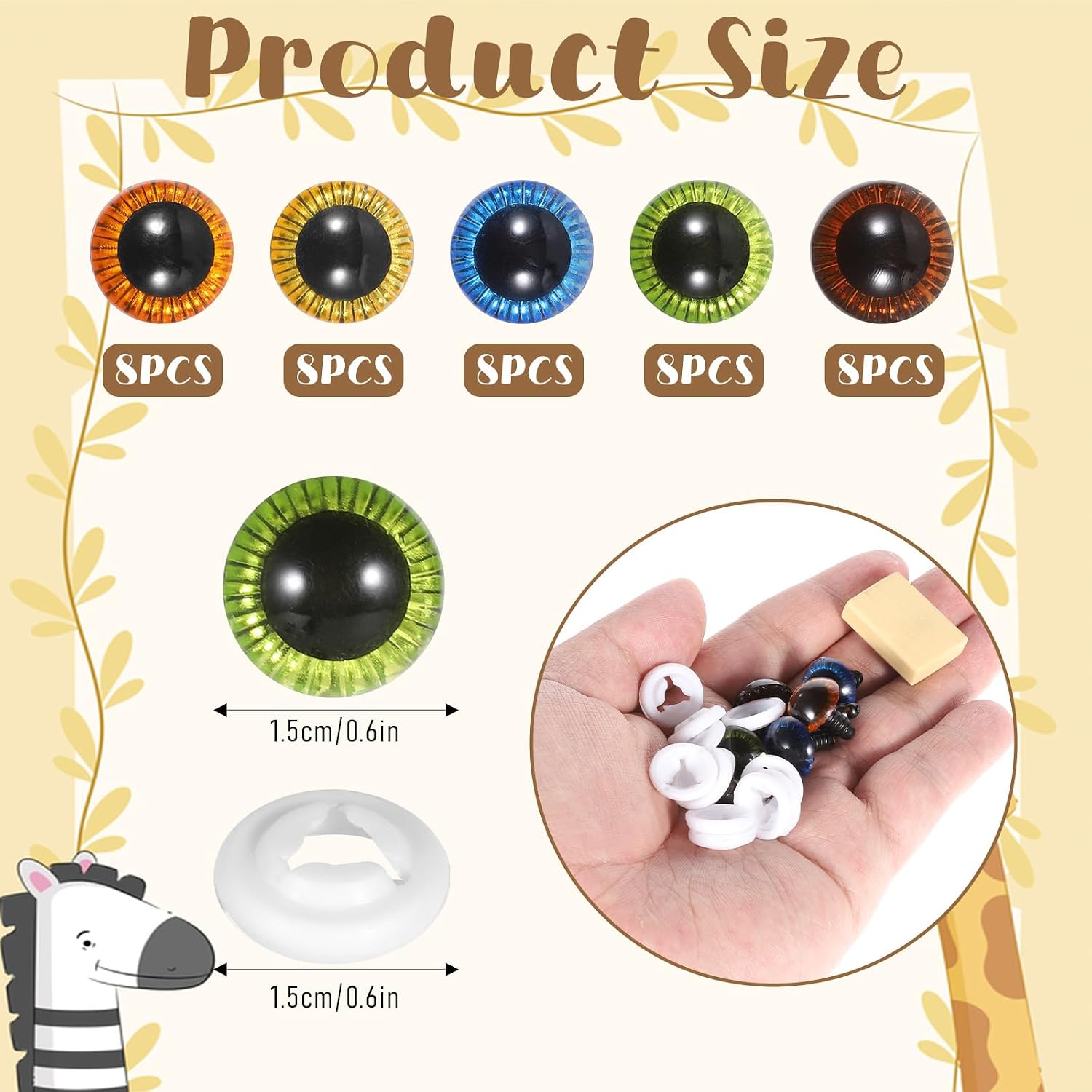 40Pcs Colored Crochet Eyes, 15mm Safety Eyes with Washers Glitter Safety Eye for Crocheting Animals Plush Stuffed Animals DIY Christmas Decorations