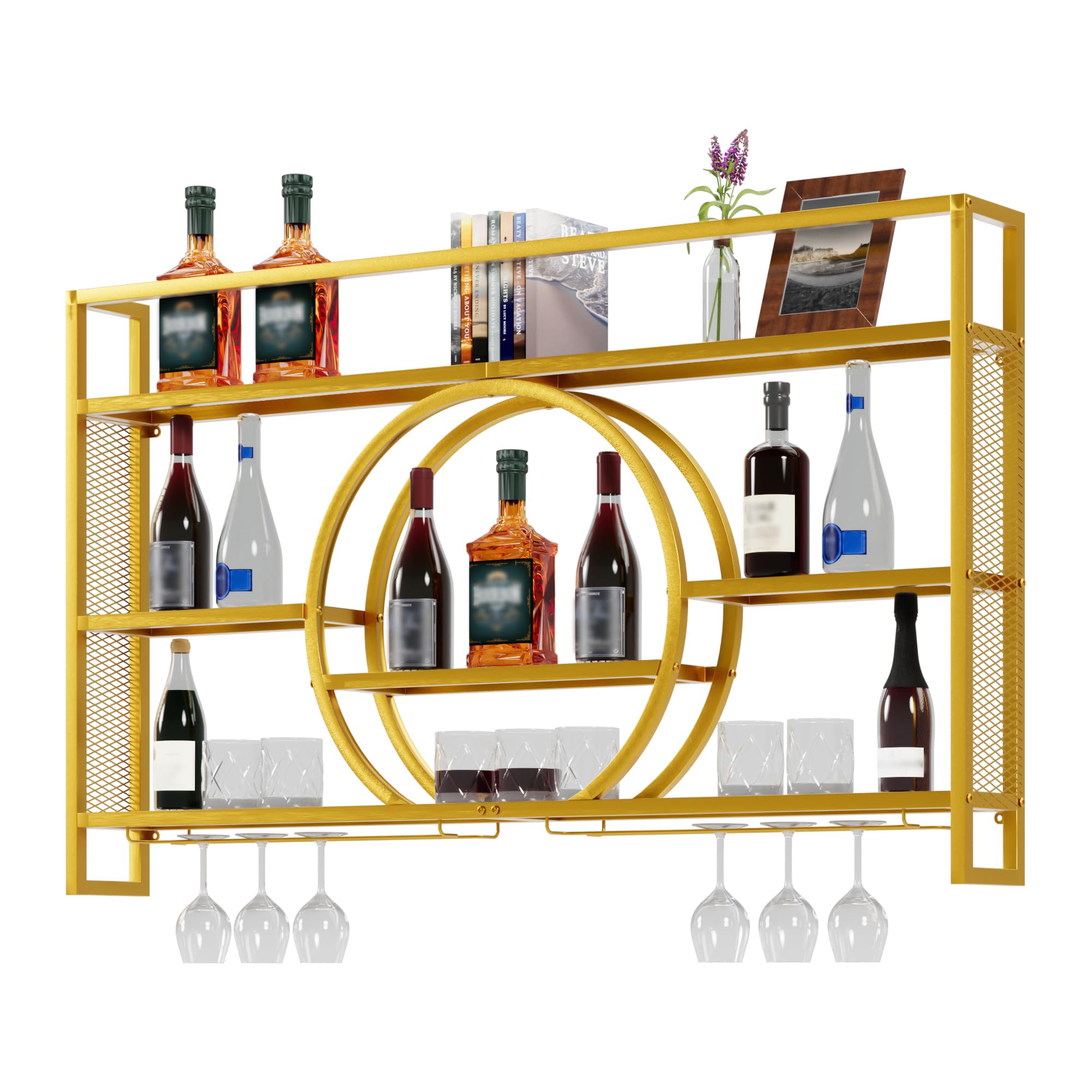 UEV Porte-Verre à Vin en Métal 140cm, Porte Bouteille Mural Industriel, Casier à Vin, avec Lumière LED de 15 Couleurs, Range Bouteille Vin, pour Salle à Manger, Cuisine, Bar (Or, 140x15x80cm)