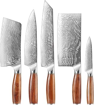 MAYIT Kitchen Knife Sets, 5PCS Handmade Damascus Steel Kitchen Knives Set Sharp Chefs Slicing Chopping Butchers Knife Home Restaurant Tool, MAYiT2855
