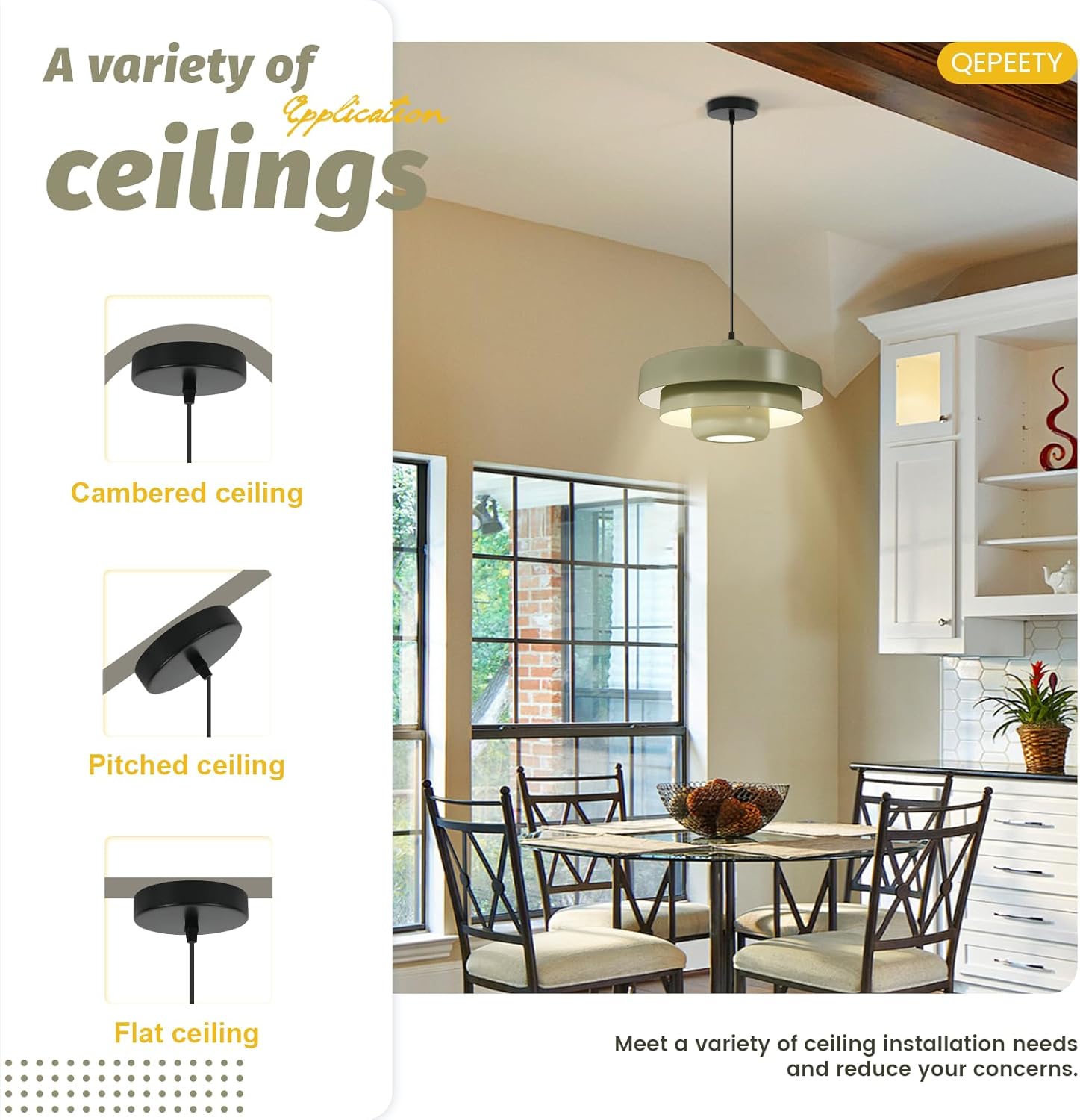 Retro Farmhouse Olive Green Pendant Light, Adjustable 59" Cord Mid Century Modern 3-Tier Hanging Light Fixture for Kitchen Island Dining Room Living Room