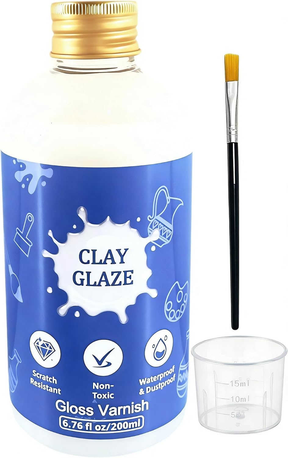 Air Dry Clay Varnish, 200ml Gloss Polymer Clay Glaze, Prevent Clay Cracking, Scratch Resistant, Waterproof, for Pottery, Crafts, Oil Paintings, Clay Sealant with Brush & Measuring Cup