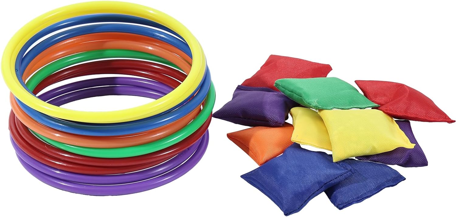 24Pcs Nylon Bean Bags Plastic Rings Game Sets for Kids Ring Toss Game Booth Carnival Garden Backyard Outdoor Games Speed Agility Training Games