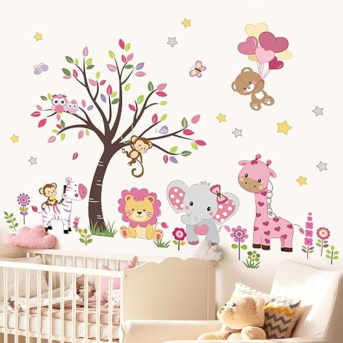 Miniatura 4 de decalmile Calcomanías de pared de árbol de animales rosados, selva, león, elefante, mono, calcomanías de pared para dormitorio de niñas, decoración