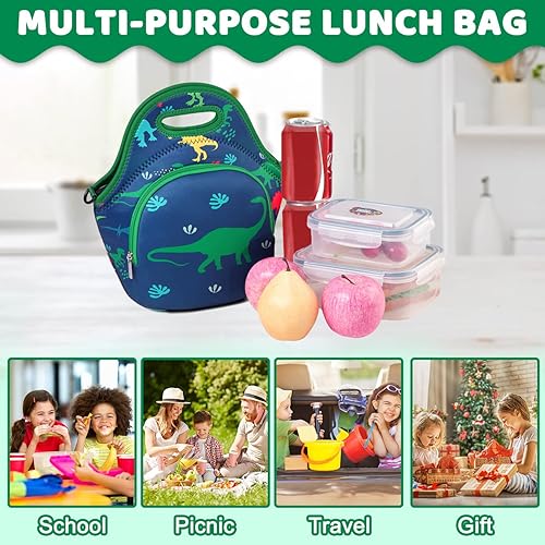 Miniatura 5 de RAVUO Bolsa de almuerzo para niños, lonchera ligera con aislamiento de neopreno para niños pequeños, kit de almuerzo con correa de hombro desmontable