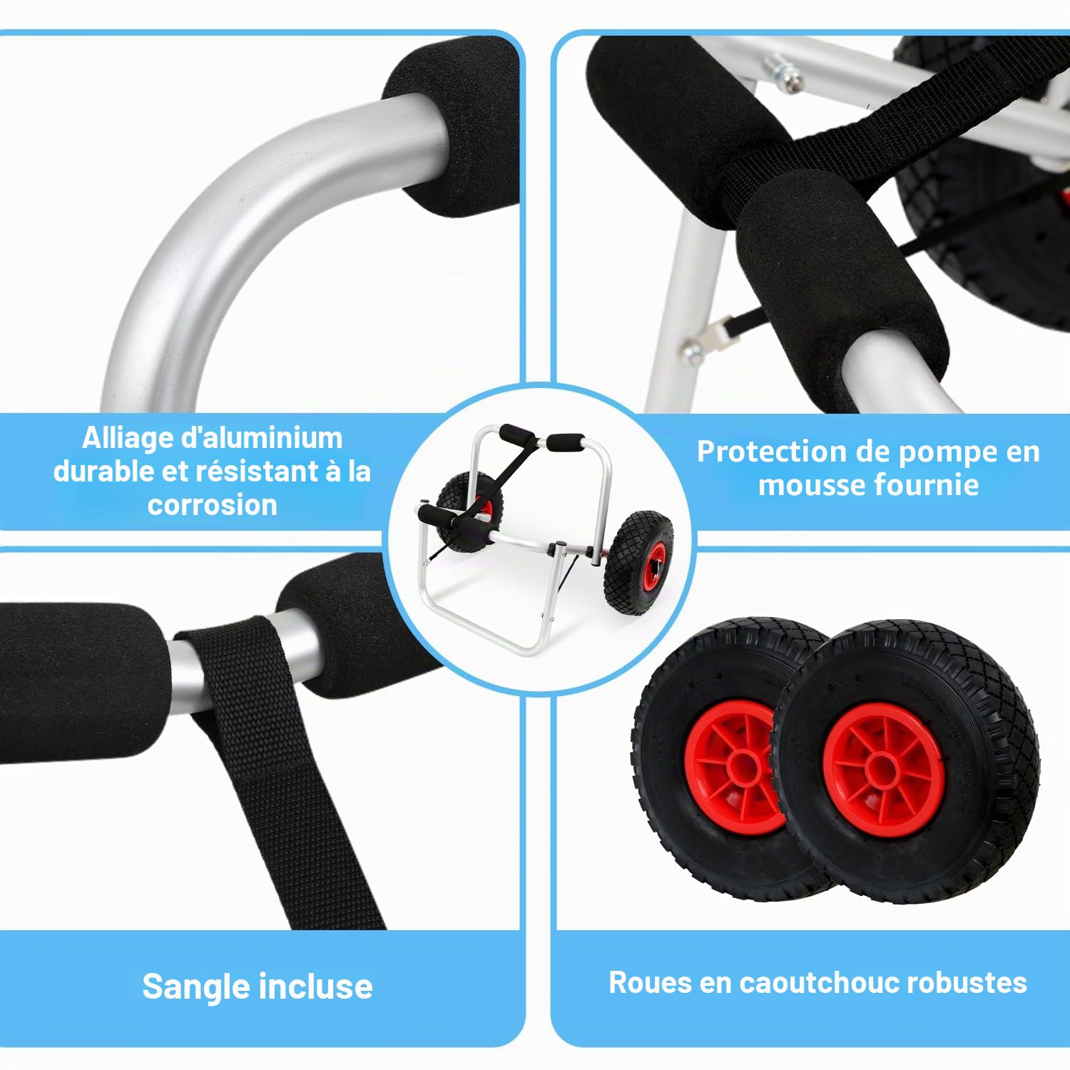Chariot de kayak en aluminium, pliable jusqu'à 80 kg, chariot de transport pour bateaux, canoë ou kayak, chariot de bateau avec sangles de tension, chariot de kayak portable, remorque de