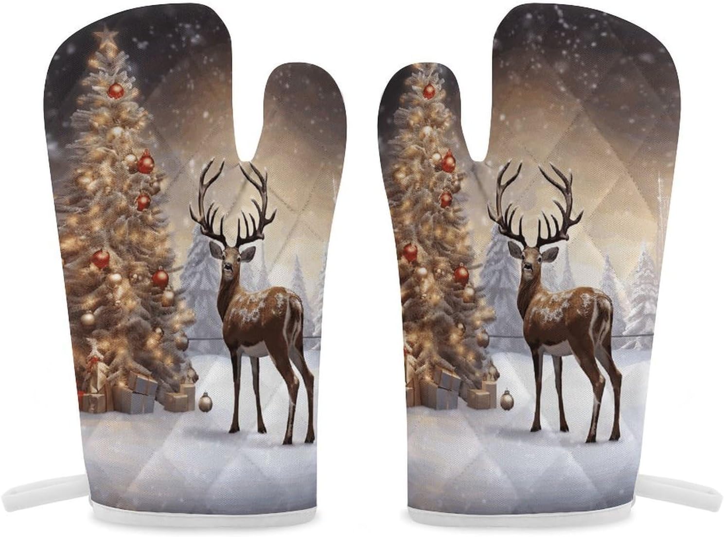 2 Pcs Oven Mitts Heat Resistant Kitchen Gloves Soft Safety Christmas Tree and Reindeer Oven Glove for Microwave, Barbecue
