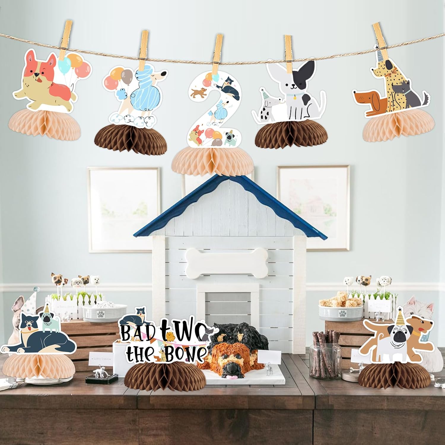 Funmemoir Dog 2nd Birthday Decorations, Dog Bad Two the Bone Party Decorations - 8PCS Dog Honeycomb Centerpieces Table Decorations for Puppy Dog Themed 2 Year Old Birthday Party