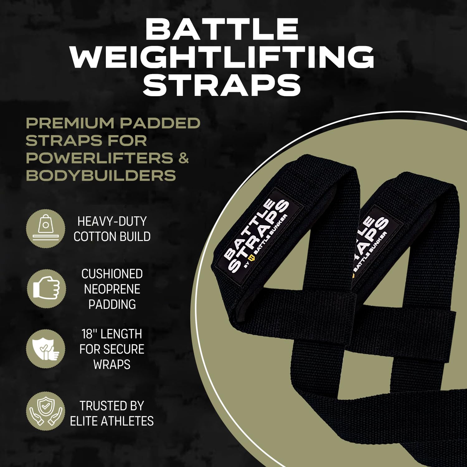 Battle Bunker Weightlifting Straps- Premium Padded Lifting Strap for Superior Grip & Comfort- Gym Straps for Deadlifts, Rows & Pull-Ups- Boost Strength & Reduce Grip Fatigue for Bodybuilding