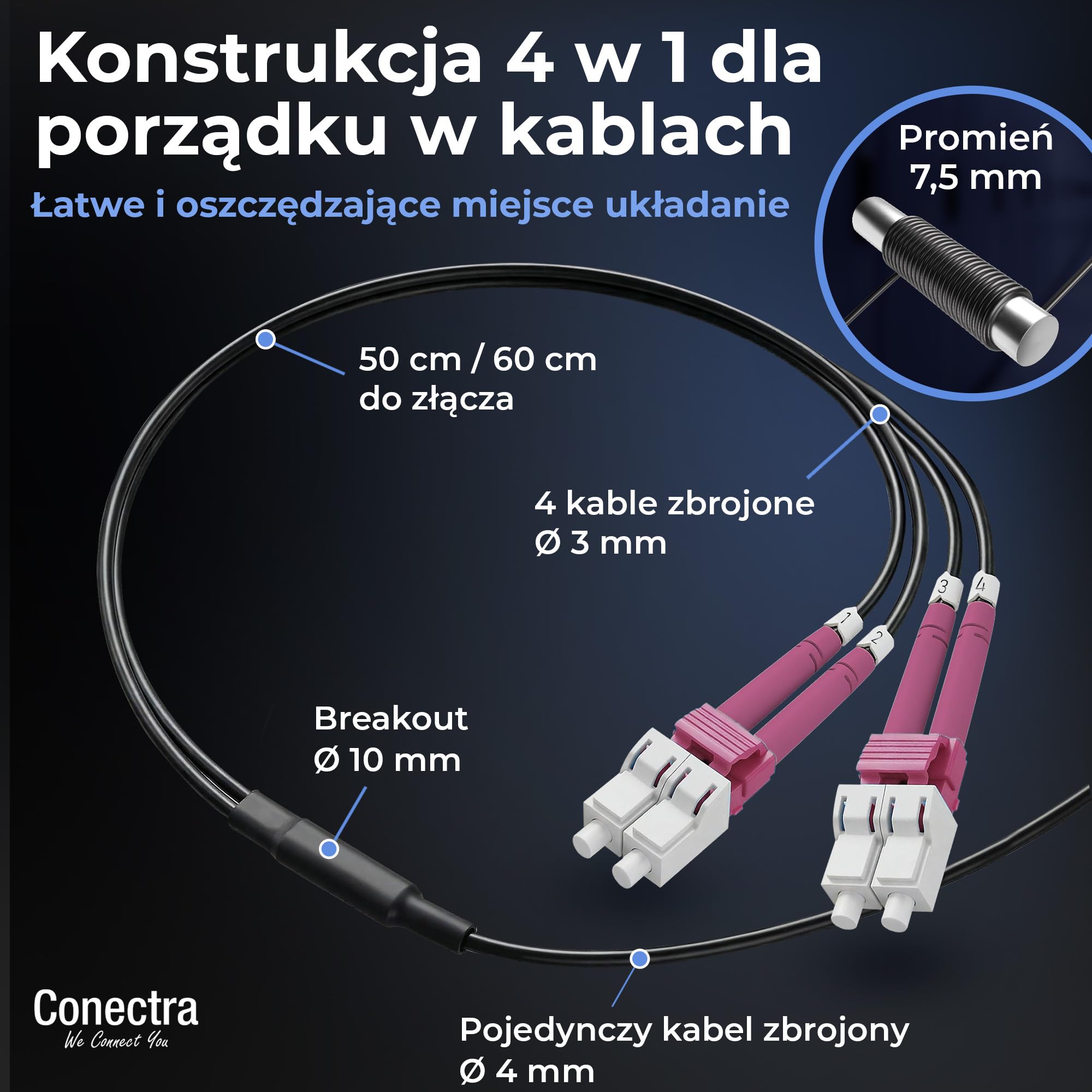50m Pancerny Kabel Światłowodowy OM4 4 Włókna LC/UPC ⌀4mm | Wielomodowy 50/125µm, Patchcord Przedłużacz Patch, Breakout bez Spawów, Wewnętrzny/Zewnętrzny, Czarny, LSZH