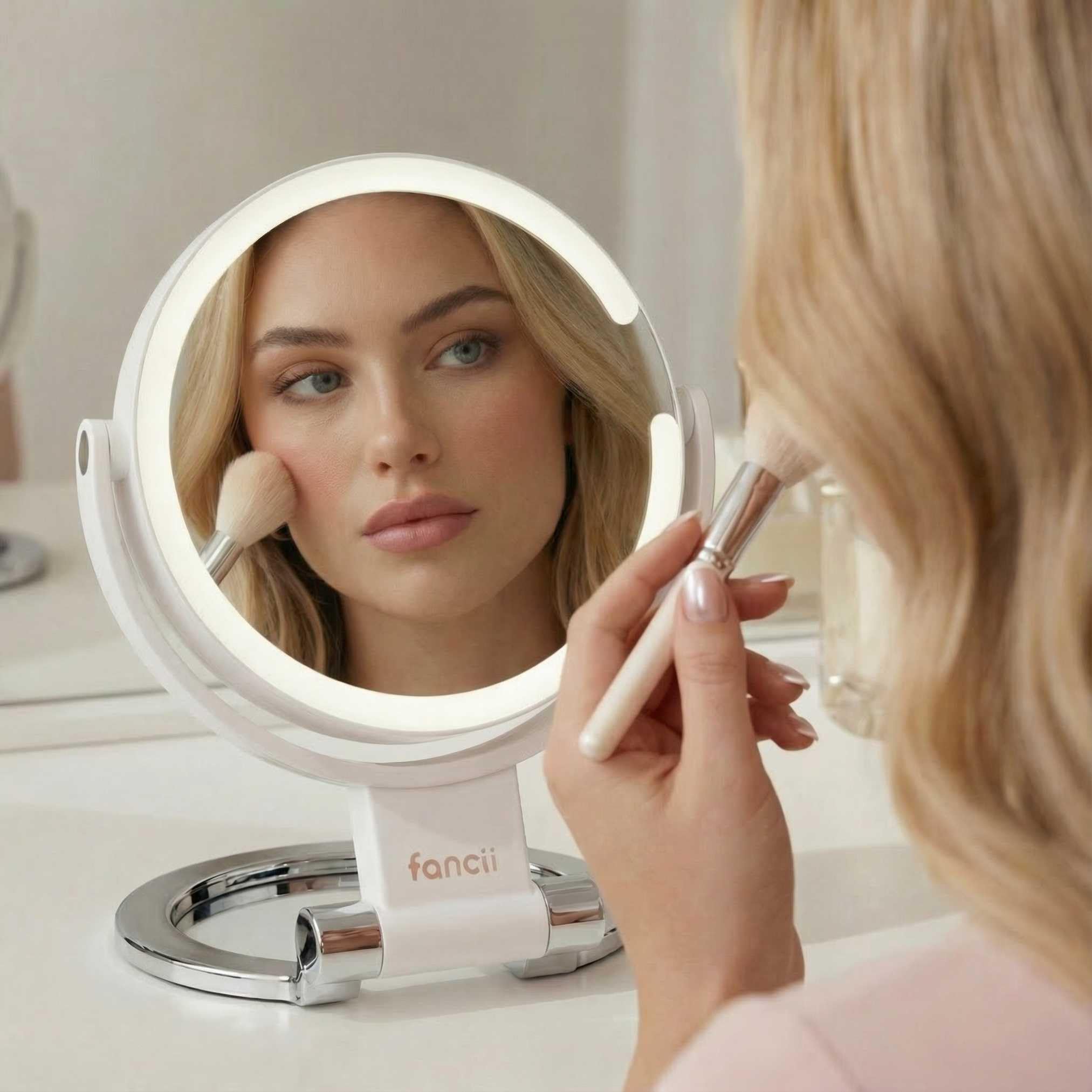 Fancii Miroir de voyage grossissant 10x/1x avec lumières, rechargeable | Miroir de maquillage extra large de 22,9 cm avec éclairage LED, miroir de courtoisie pliable, double face, 3 réglages de