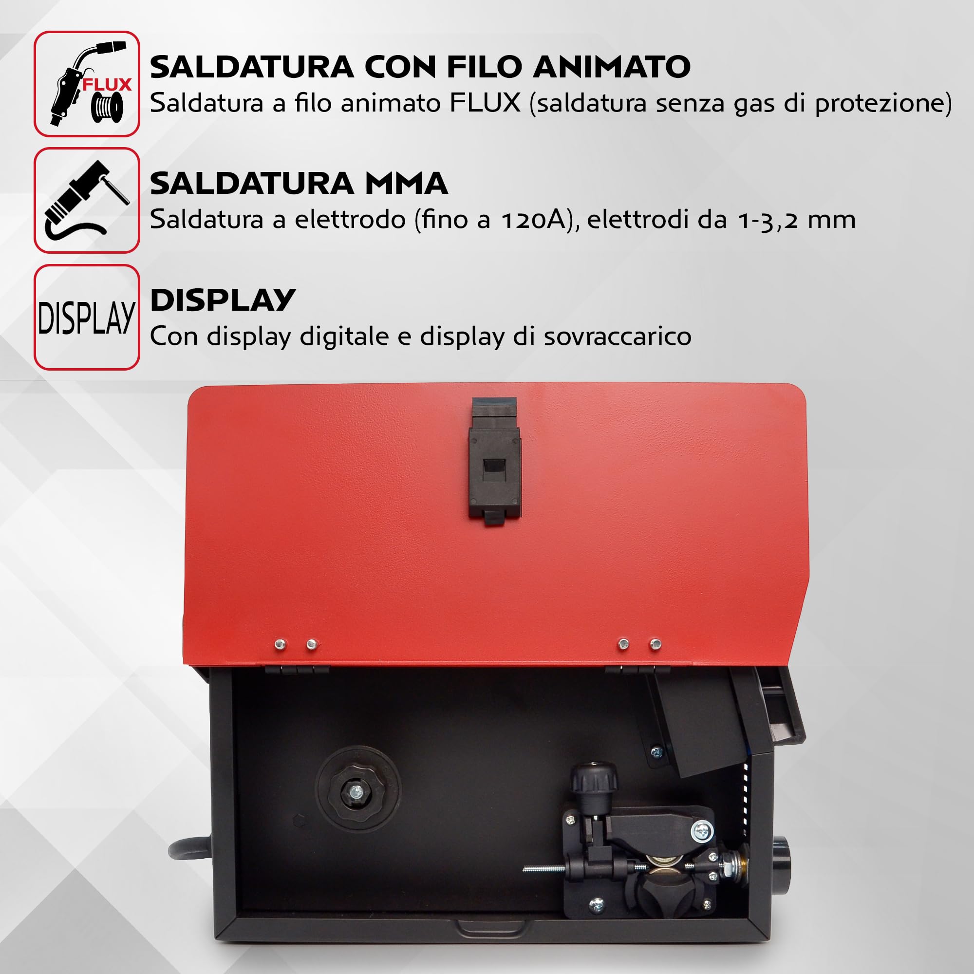TIGMIG Saldatrice Inverter Filo Continuo FLUX NO GAS + MMA Elettrodo, Mod. TM135INVMIG, Per Filo Animato ⌀0,8/1,0mm, 120A, Inverter IGBT, Inclusa bobina 0,8mm da 0,45kg, GARANZIA e ASSISTENZA ITALIA