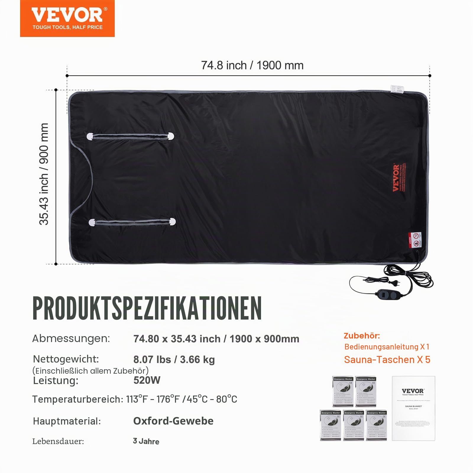 VEVOR 520W Infrarot Saunadecke 1900x900mm Sauna Blanket 1-6 Stufen (35°C-85°C) Infrarotdecke 40-Minuten-Fettverbrennung Heizdecke 5-Schicht-Sicherheitsmaterialien Heizmatte Körper Abnehmen Fitness