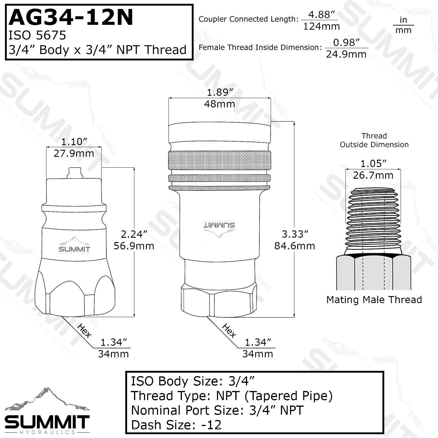 3/4” Ag Hydraulic Quick Connect Coupler Set, 3/4” NPT Thread