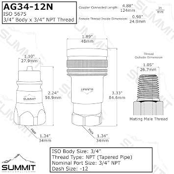 3/4 Ag Hydraulic Quick Connect Coupler Set, 3/4 NPT Thread