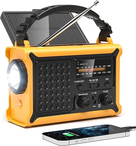 NOAA Weather Radio, 12000mAh Emergency Portable Radio, Hand Crank & Solar | AM/FM, 8500mm² Solar Panel, Rechargeable Battery, Flashlight, Reading Light, SOS and USB Charging for Camping and Emergencies