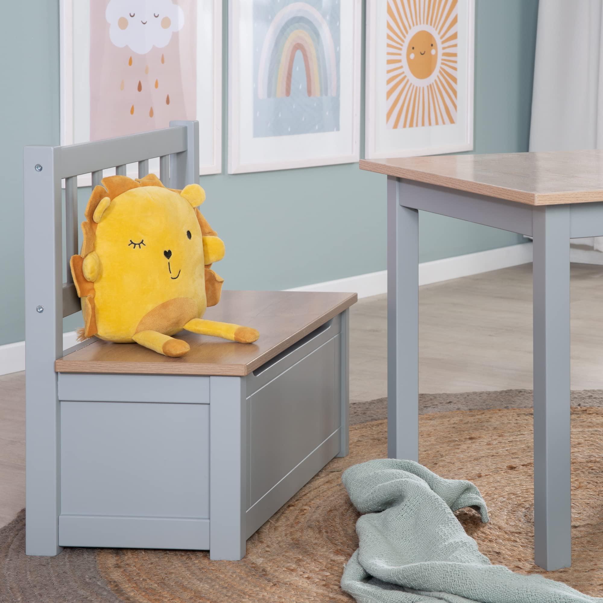 roba Kindertruhenbank Woody - Spielzeugtruhe in Holz Natur & Taupe lackiert - Kinderbank mit Deckelbremse & beschichteter Oberfläche