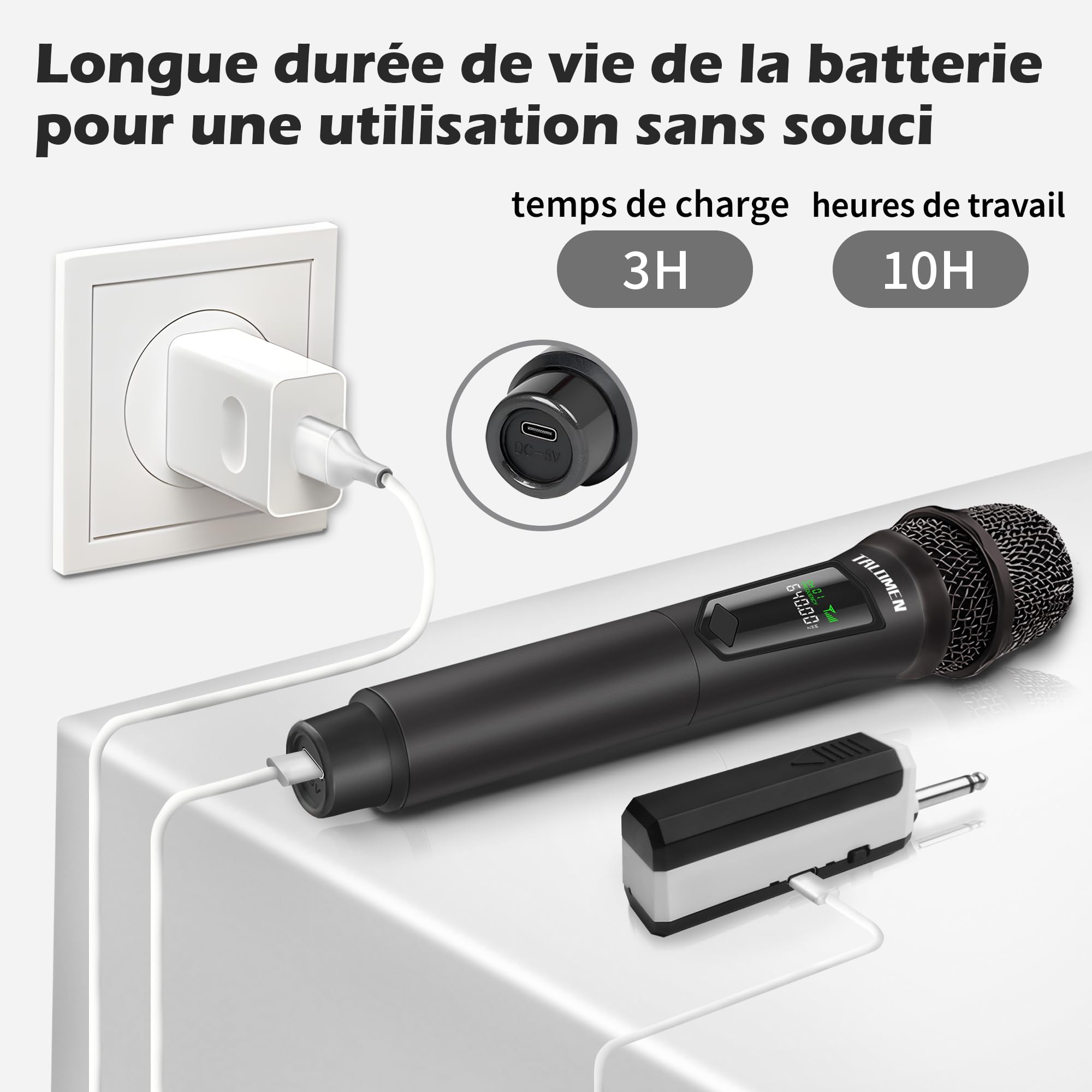 Talomen Microphone sans Fil Professionnel, Système de Microphones Quadruple 2,4 GHz, Micro Karaoké Dynamique Rechargeable avec Récepteur, Portée 160ft, K604 Argent Noir Vert Pourpre