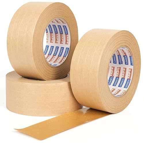 ADHES - Cinta activada por agua de 2 pulgadas x 55 yardas, 3 rollos, cinta de papel kraft reforzada, ecológica, cinta adhesiva fuerte para embalaje,