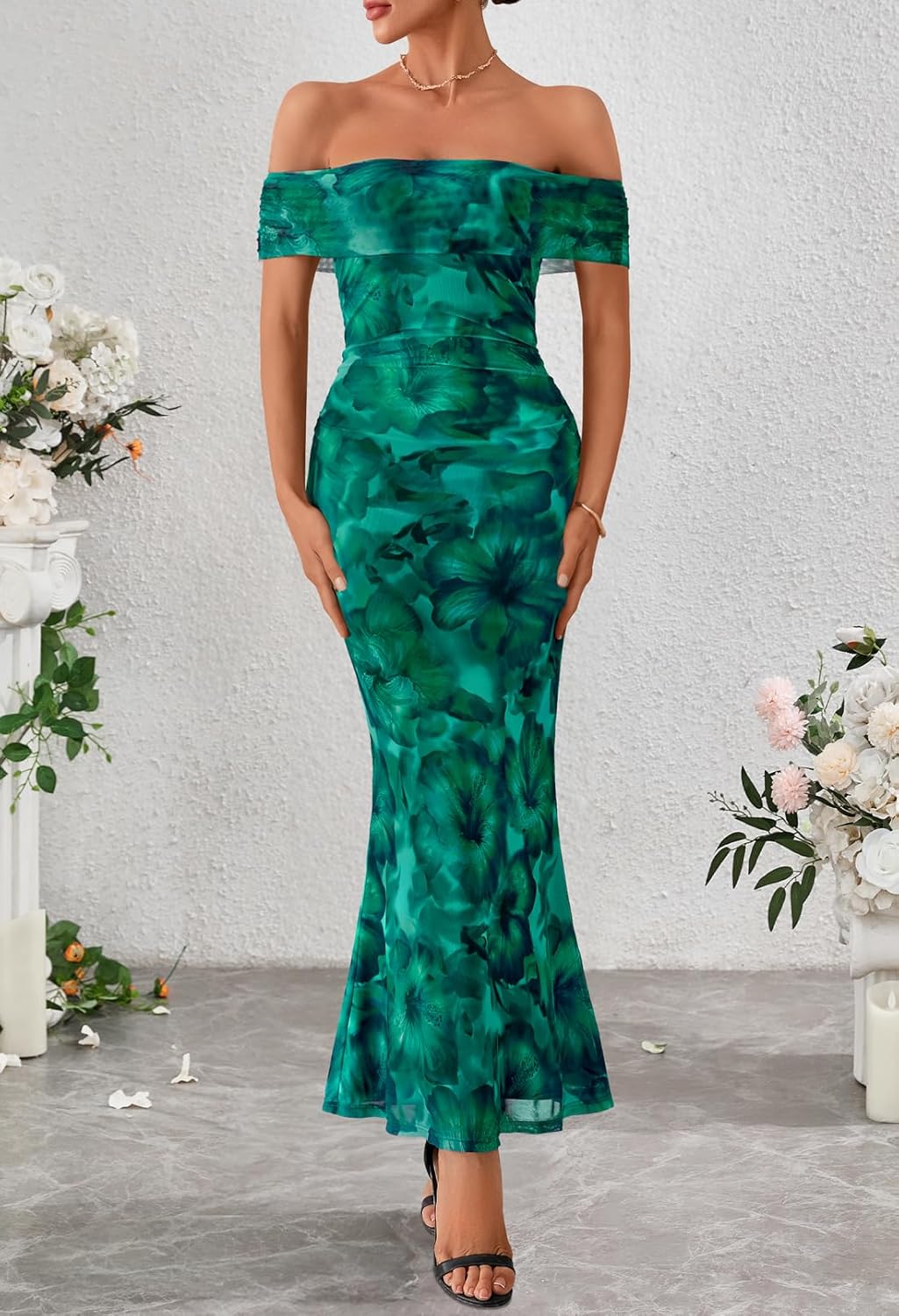 MEROKEETY Women's Spring Off Shoulder Floral Maxi Dress 2026 Summer Formal Beach Wedding Guest Cocktail Bodycon Dresses - Image 2