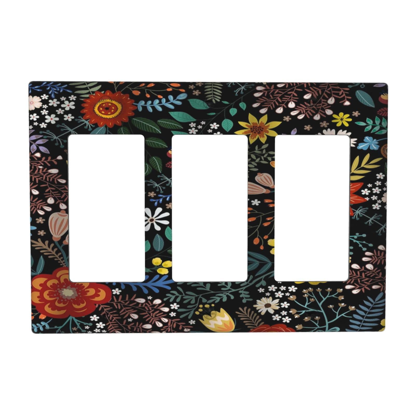 Vintage Colorful Flower Boho Floral Rustic Dark Leaves 3 Gang Rocker Light Switch Covers Triple Outlet Wall Plate Decorative Switchplate Cover