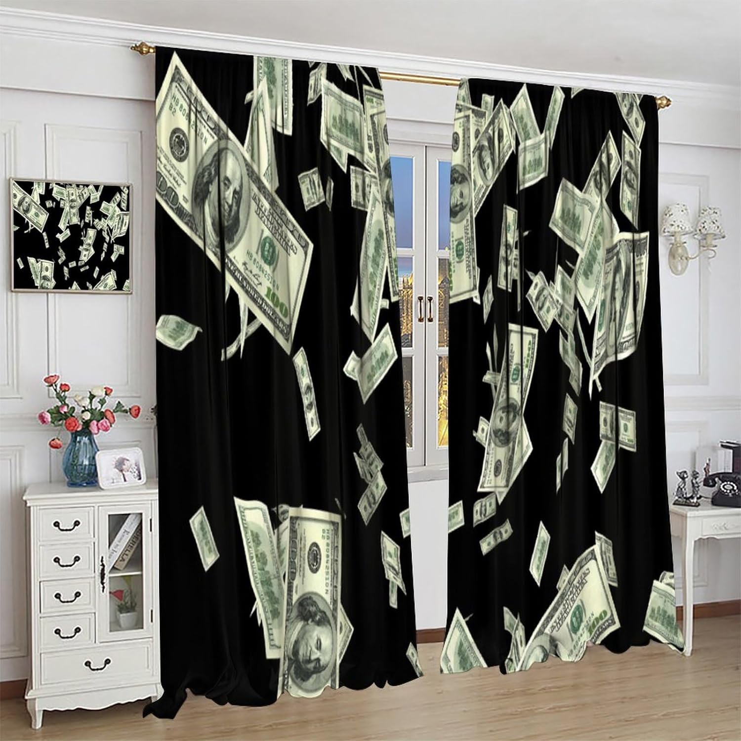 Money Curtains Banknote Usd Dollar Luxury Bank USA Cash Rod Pocket Blackout Window Drapes for Bedroom Living Room Kitchen Cafe Decor （W21xL63 Inch） x2 Panels