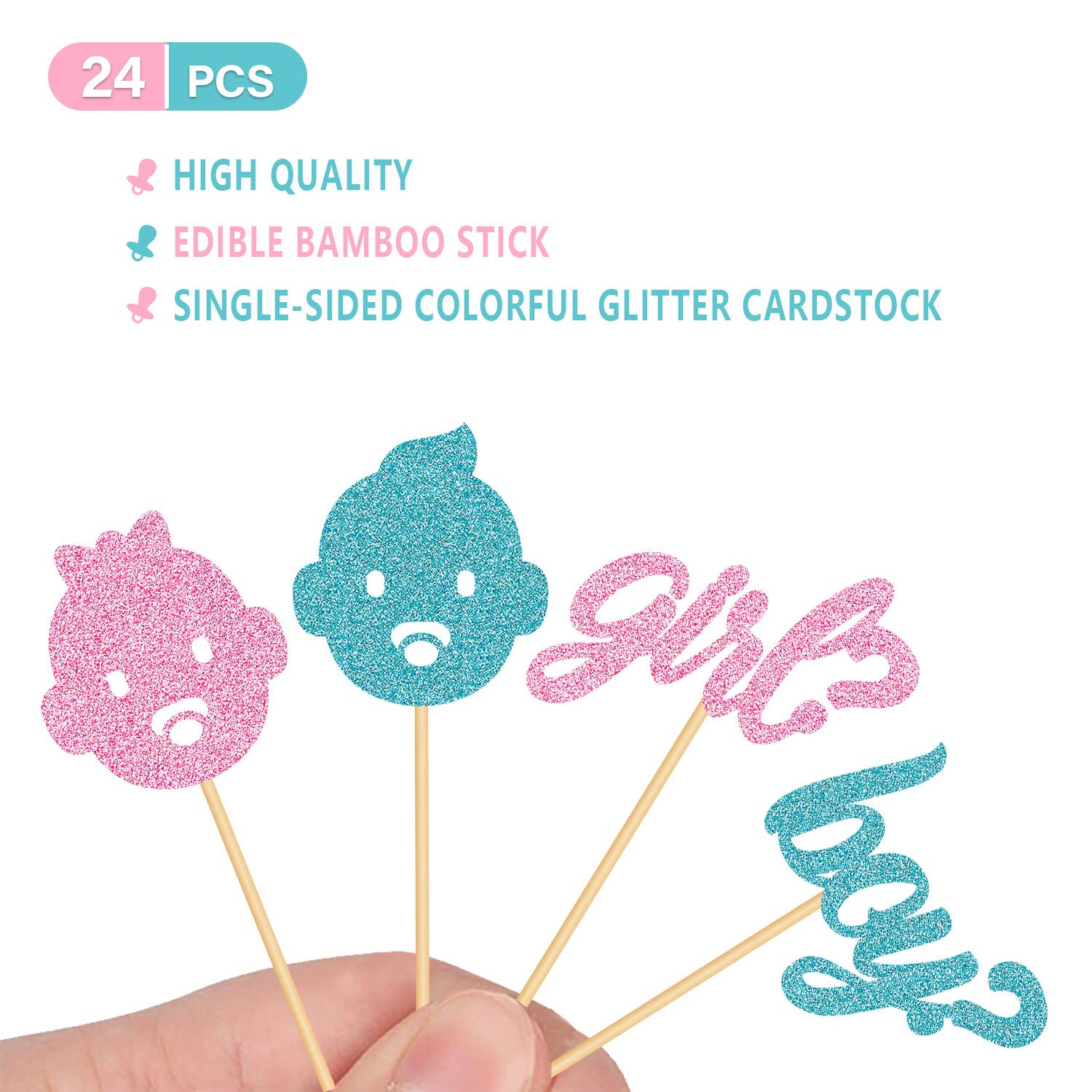 24PCS Boy or Girl Cupcake Toppers Glitter Picks for Baby Shower Gender Reveal Party Decorations