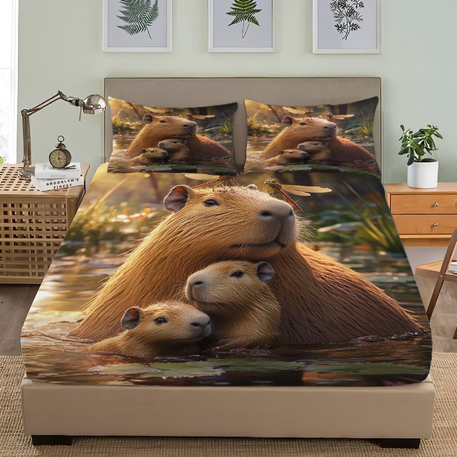 Carina Famiglia di Capibara Lenzuola Matrimoniale Set di Biancheria da Letto Marrone Lenzuolo con Angoli, Coprimaterasso 180x200x30 cm Microfibra Morbido e 2 Federe per Matrimoniali