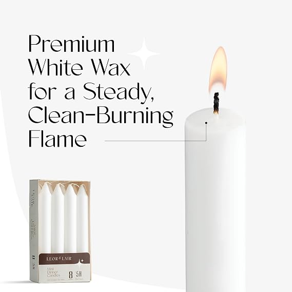 Leor & Lair 6 Inch Short Taper Candles, Pack of 8 White Candlesticks | 5 Hour Burn Unscented Short Candle Sticks for Christmas, Weddings, Dinner & Decoration