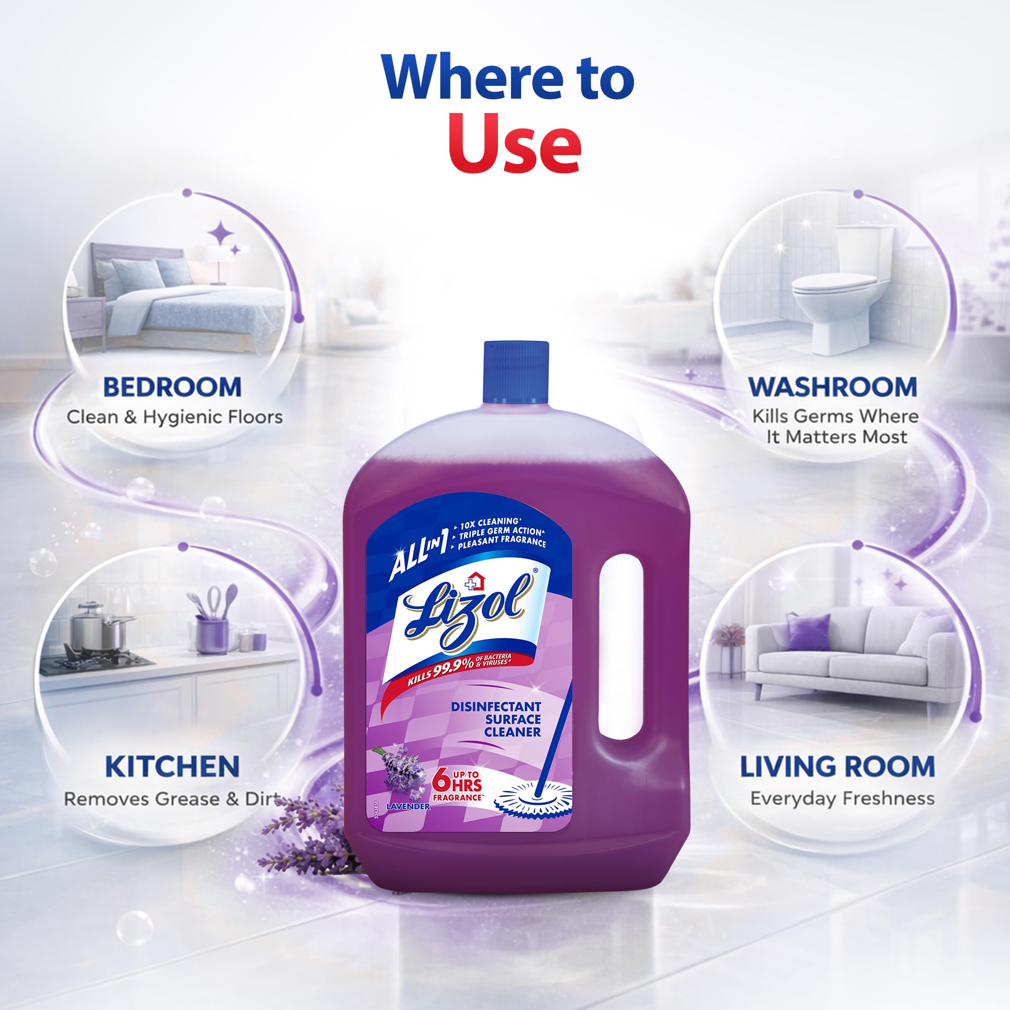 Lizol Disinfectant Surface & Floor Cleaner Liquid, Lavender - 2 Litre | Suitable for All Floor Cleaner Mops | Kills 99.9% Germs| India's #1 Floor Cleaner 3