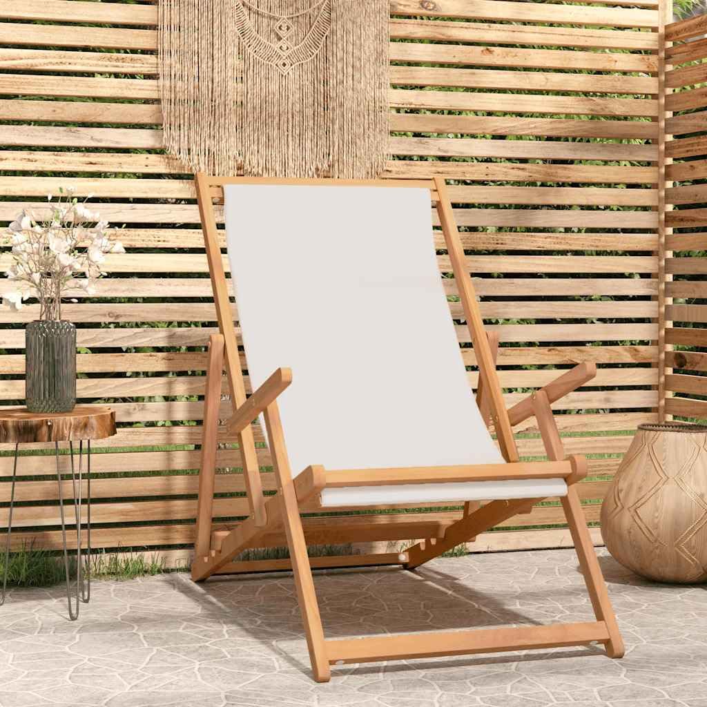 Générique Krzesło składane z litego drewna Teak Cream | Wygodne siedzisko z tkaniny, regulowane oparcie, łatwe składanie, ogród plaża kemping, 110 kg