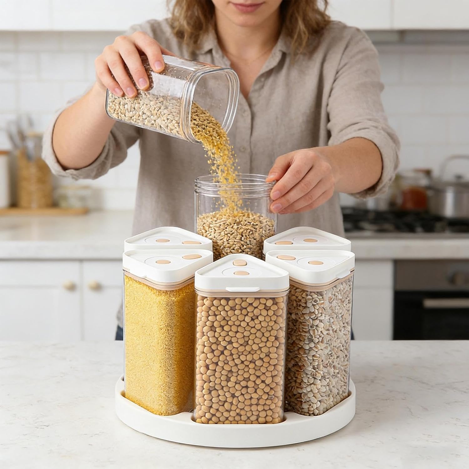 Grain Dispenser - 6 Grid Cereal Rotating Storage Container, Rice Compartment Container for Flour Oatmeal Snacks Kitchen Pantry Countertop Bakery Restaurant Catering Home Use