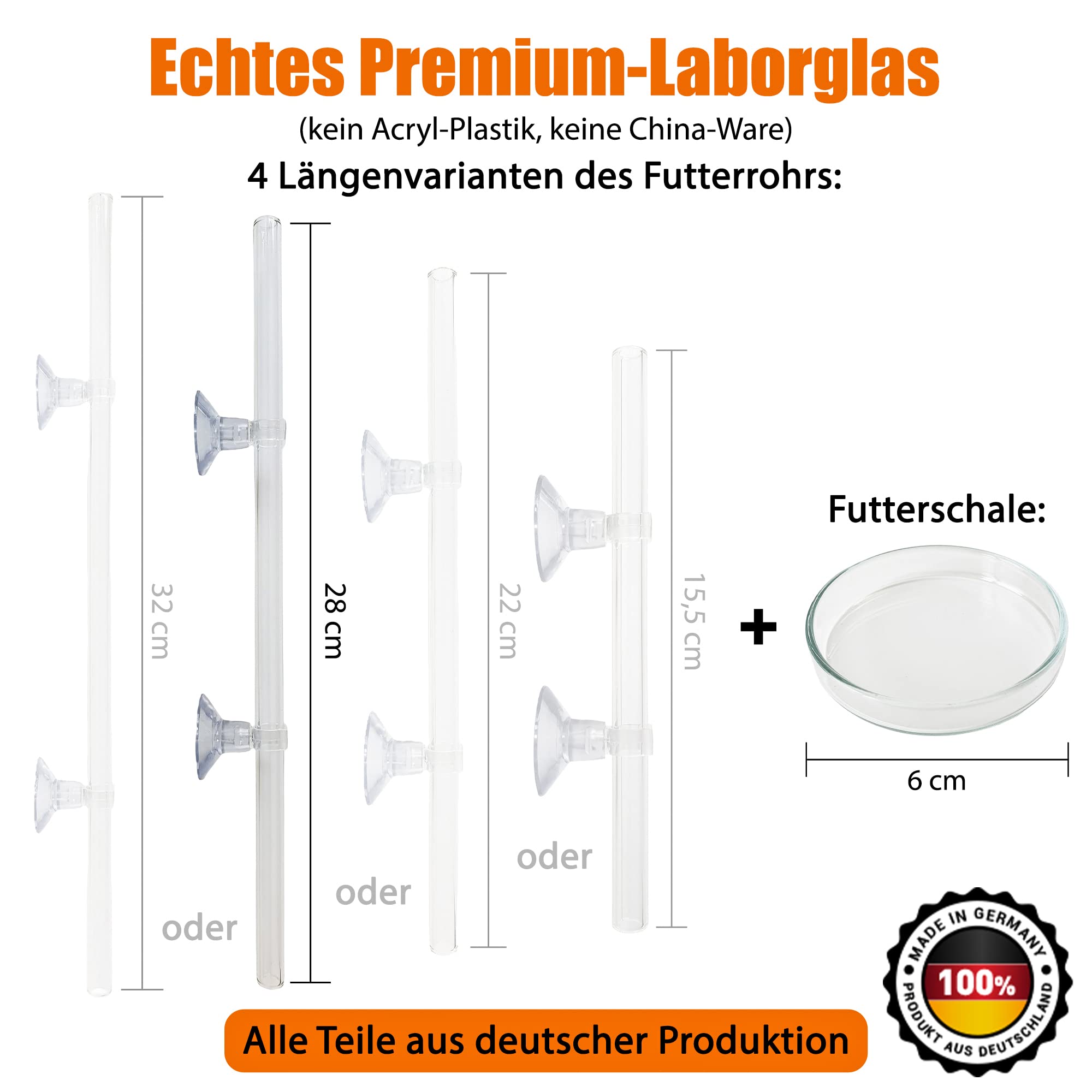 Lot de tubes d'alimentation en verre de laboratoire 28 cm – Fabriqué en Allemagne – Tube d'alimentation d'aquarium avec mangeoire pour crevettes – Verre incassable – Design élégant – Tube