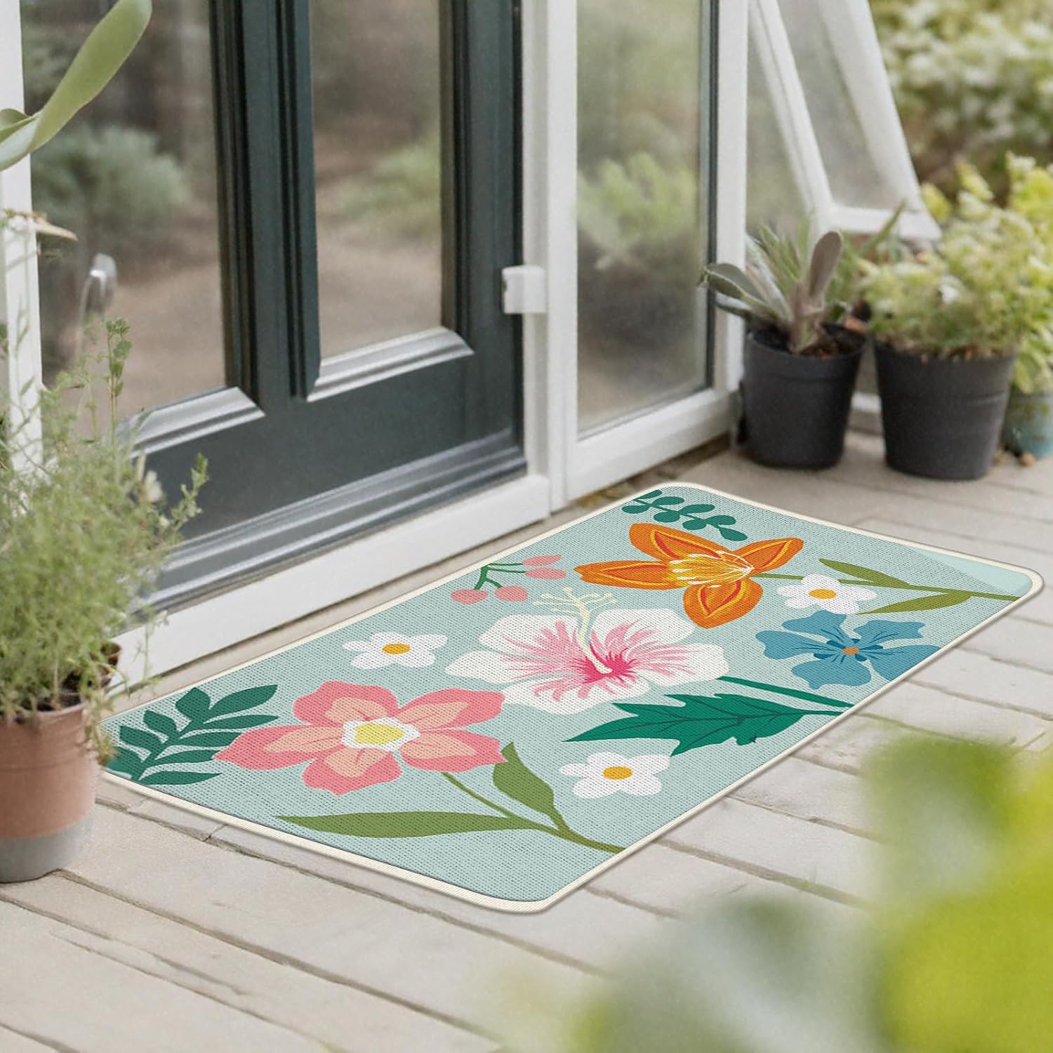 Colorful Flowers Kitchen Rugs Set of 2, Boho Floral Botanical Floor Mats Home Decor, Spring Summer Door Mat Decorations - 17x29 and 17x47 Inches