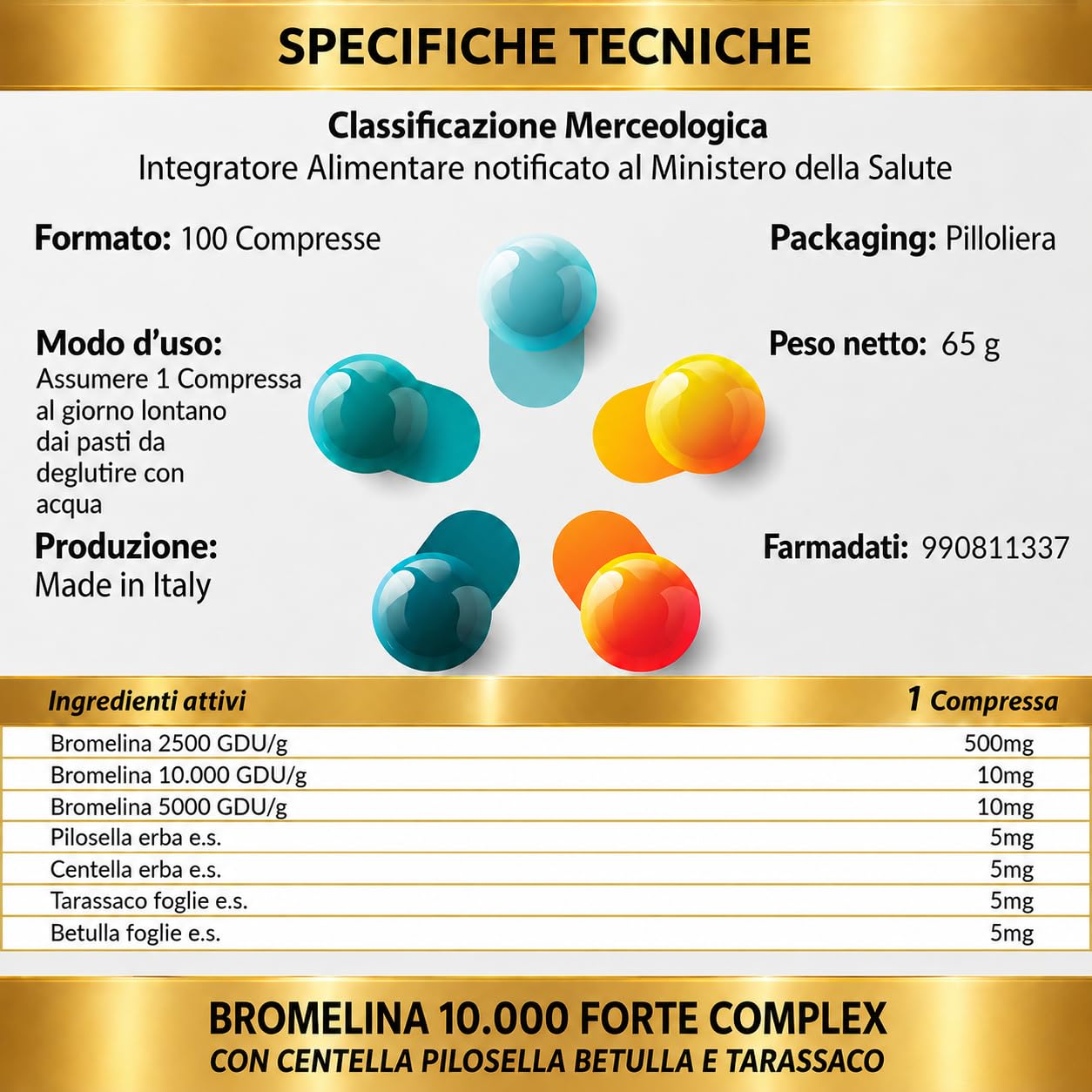BROMELINA 10.000 GDU/g GASTROPROTETTA CON BROMELINA 5000 GDU/g CENTELLA PILOSELLA BETULLA TARASSACO | INTEGRATORE CELLULITE E DRENANTE 300 COMPRESSE 1 AL GIORNO