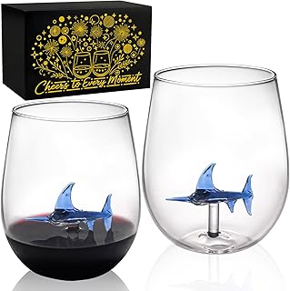 3D Swordfish Decor Stemless Wine Glass, Set of 2 Handblown Drinking Glasses, Nautical Themed Unique Fisherman Gifts for Dad, Glass Fish Mug Cup Fishing Gifts for Men Boyfriend Lover Husband(14oz)