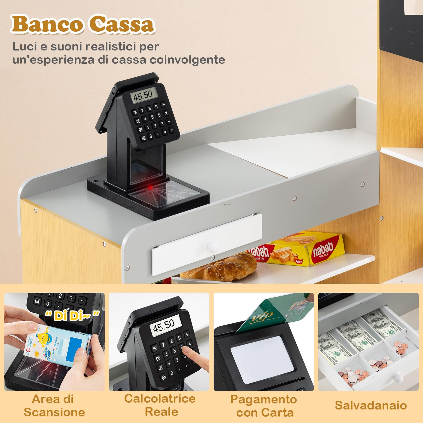 RELAX4LIFE Negozio di Alimentari con Carrello della Spesa,Cassa, 2 Lavagnette, ,Registratore di Cassa,Scanner,Calcolatrice, Salvadanaio,Scaffali