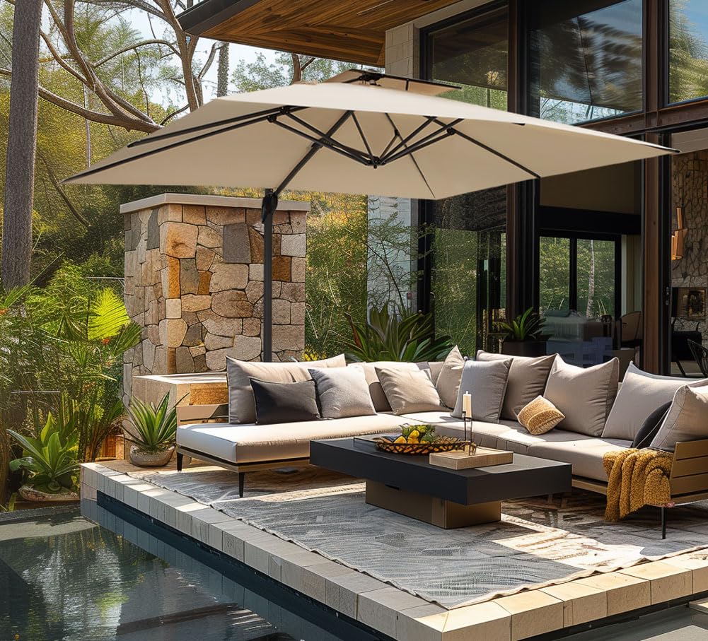 PHI VILLA 9'x 12' Large Patio Umbrella, Outdoor Aluminum Cantilever Umbrella with Double Top Rectanglar Canopy, Windproof Hydraulic Offset Umbrella for Pool, Deck, Garden, Beach, Porch, Beige