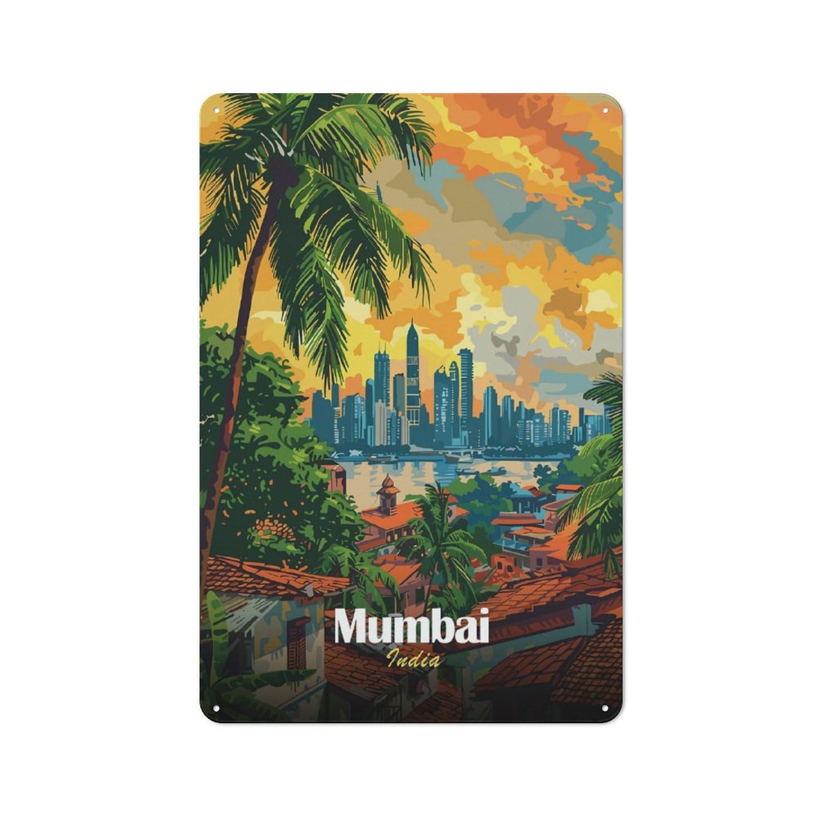 Junmoney Style-6 Weathered Look Mumbai India Skyline Art Metal Wall Sign 30X20cm, Shed Wall Plaque For Tool Room, Garage, Studio Or Home Bar