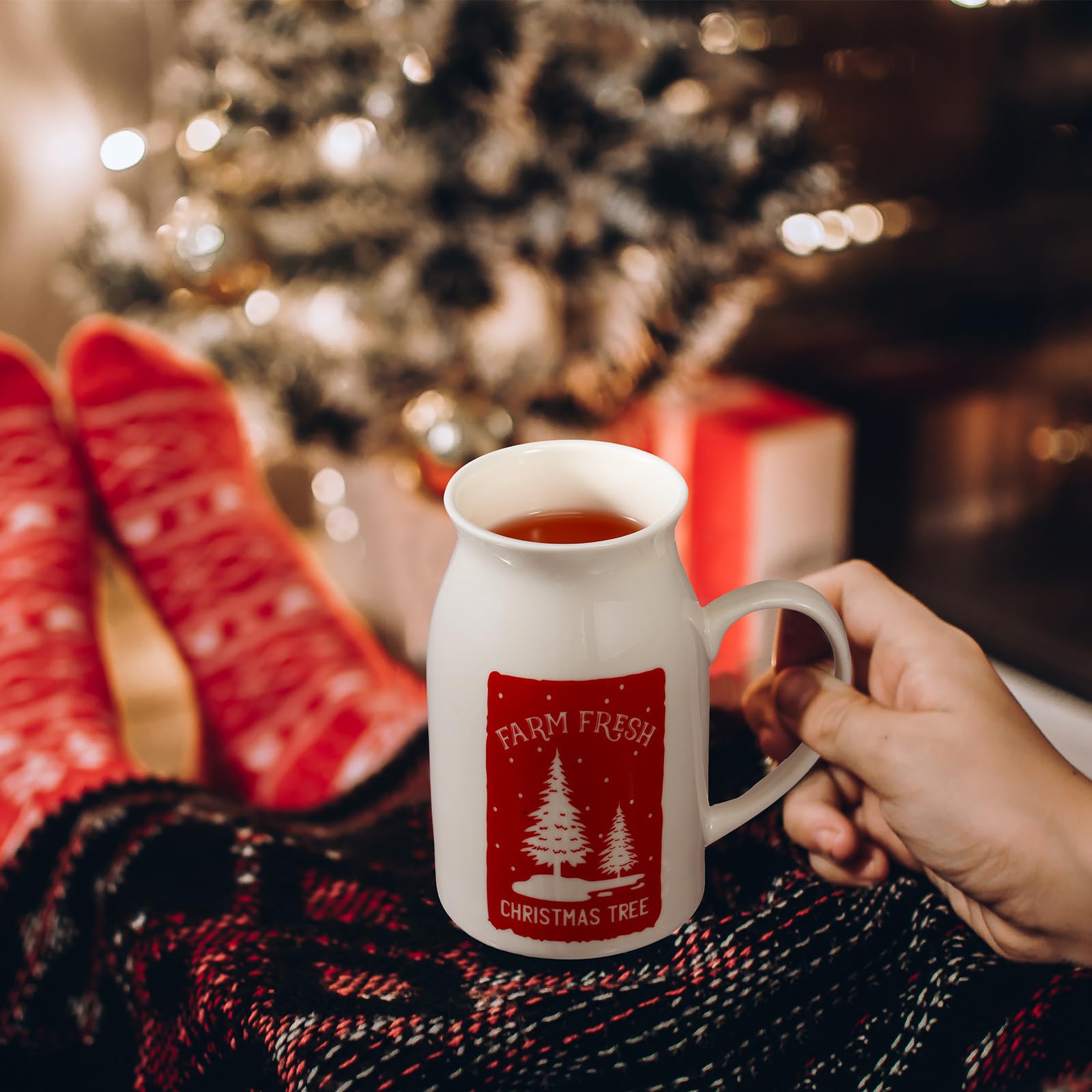 Hushee 4 tazas de cerámica de Navidad de 9.5 onzas con caja de regalo, tazas de café con diseño de patrón festivo, reno, árbol de Navidad, cacao caliente, tazas de café de Navidad para té, chocolate
