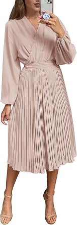 PRETTYGARDEN Womens Spring Midi Dress Long Puff Sleeve Wrap V Neck Flowy Ruffle Pleated Casual Fall Dresses