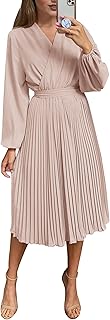 Women's Spring Midi Dress Long Puff Sleeve Wrap V Neck Flowy Ruffle Pleated Casual Fall Dresses