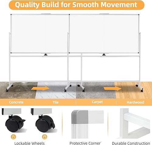 Miniatura 4 de WALGLASS Pizarra blanca rodante de borrado en seco, 48 x 36 pulgadas, pizarra blanca de doble cara sobre ruedas, pizarra blanca portátil grande