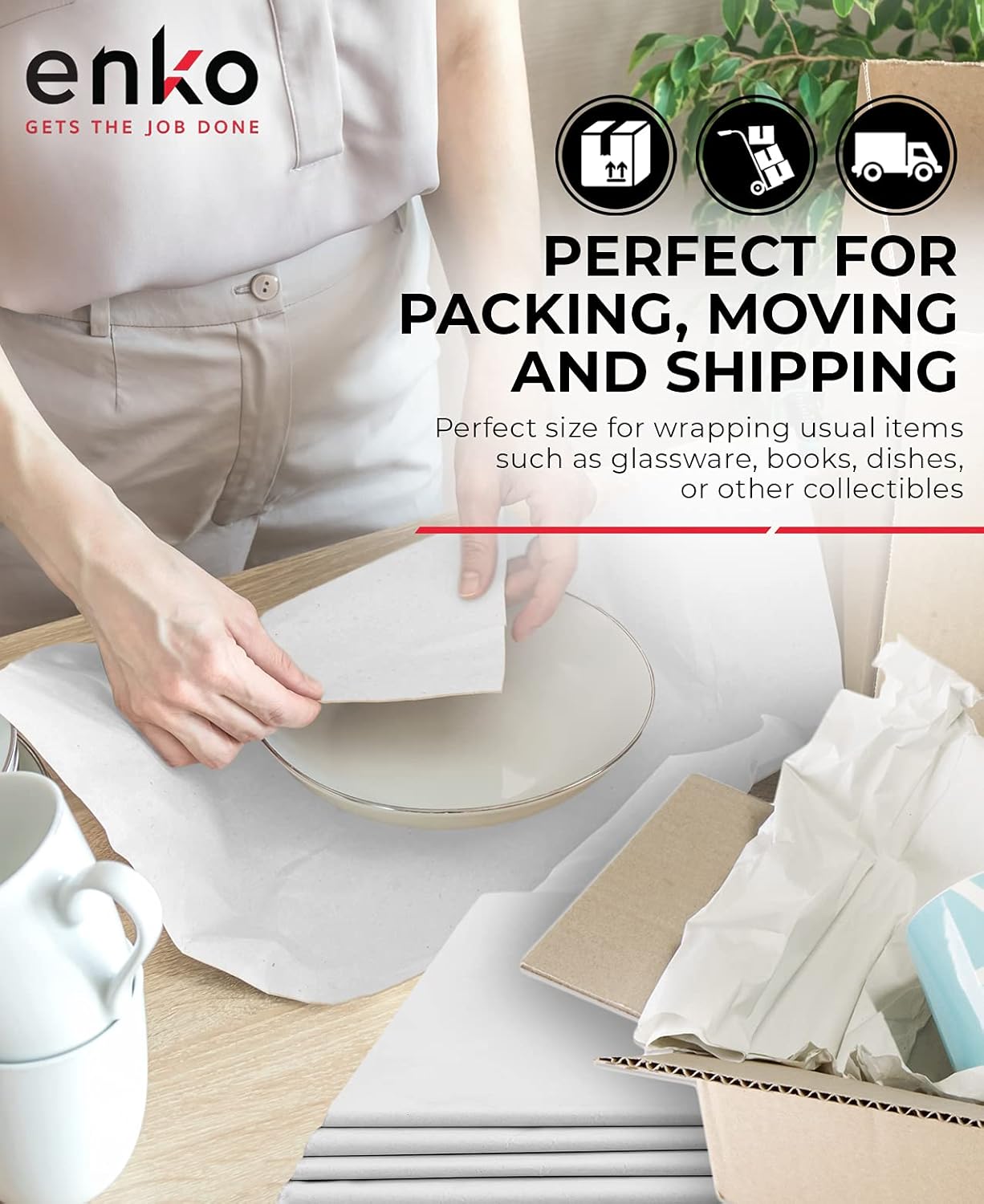 enKo Newsprint Packing Paper for Moving & Shipping - 10 lbs - (33 x 21 Inch) 200 Sheets of Blank, Clean & Unprinted Newspaper Wrap Paper for Dish & Glass Wrapping - Premium Storing & Moving Supplies