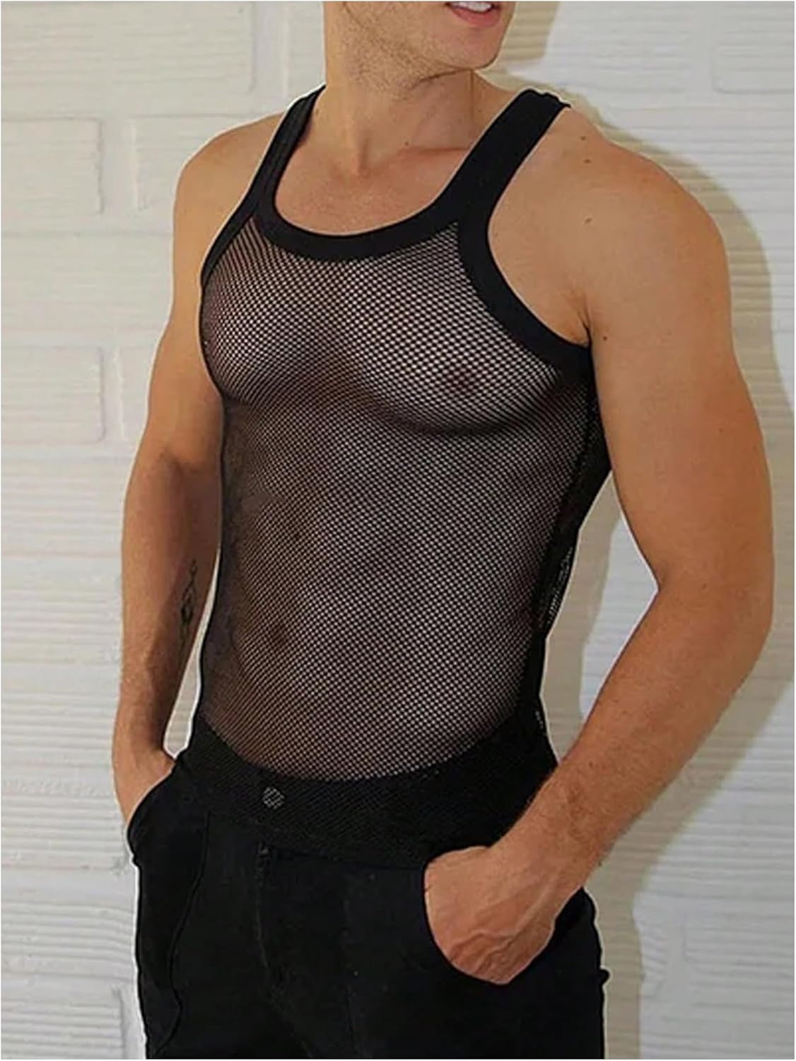 SOLY HUX Men's Fishnet Sheer Tank Top Crew Neck Sleeveless Party Club Tops Streetwear - Image 2
