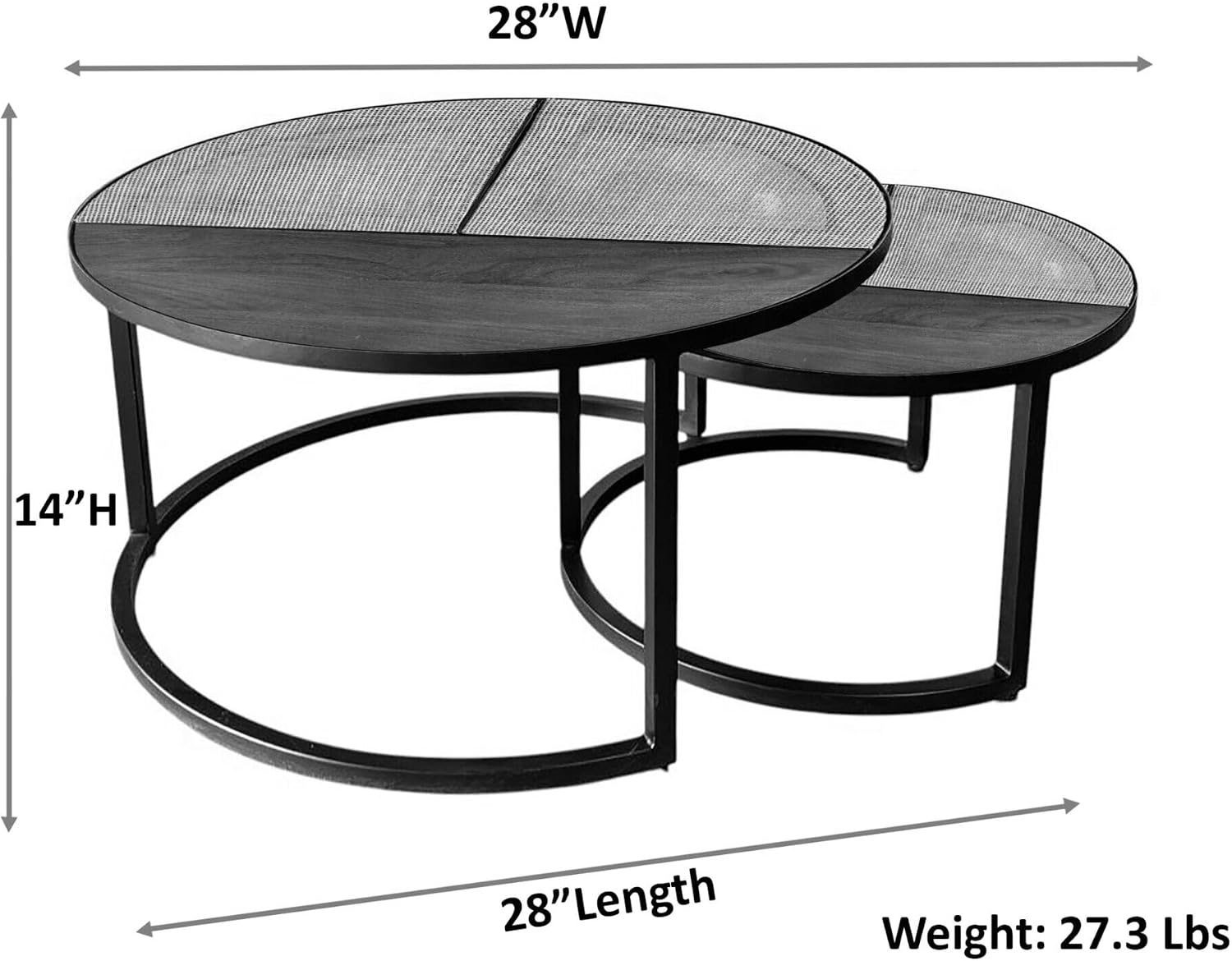 Carolina Chair & Table Cardinal Nesting Coffee Table – Set of Two Round Mango Wood, Cane Split Tops with Sleek Black Metal Frame Furniture - 28″ Diameter Modern, Versatile Living Room Table(Natural)