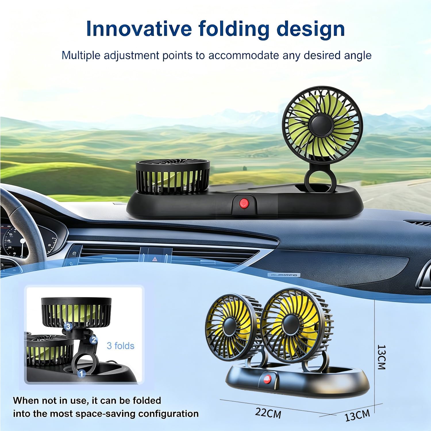 Ventilateur de Voiture à Double Tête 12v 9.6W, Rotation à 360 Degrés à 3 Niveaux de Vitesse Ventilateur de Refroidissement de Voiture USB Avec Plaque D'immatriculation pour Voiture, SUV, Camping-car