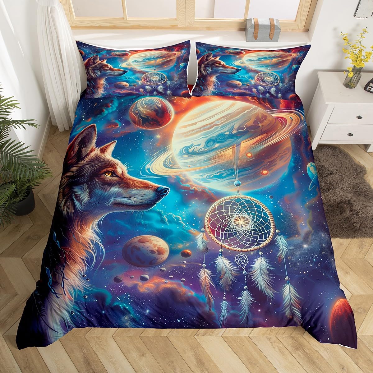 Homewish Bettbezug Wolf, Boho, 200 x 200 cm, für Kinder, Bettwäsche für Erwachsene, Traumfänger, Mondsterne, Bettbezug-Set, Galaxie Himmlisches Horoskop, Tagesdecke, Wildtiere