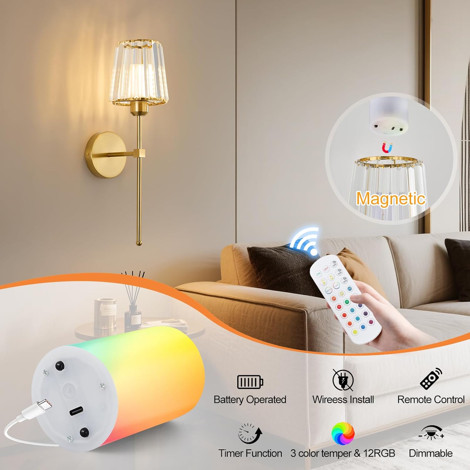 Crystal Battery Powered Wall Sconce Set Of 2, Wireless Sconces With 10000 Mah Rechargeable Bulbs, 12rgb And Dimmable Battery Operated Sconces With Remote, Cordless Wall Lamp For Bedroom, Living Room