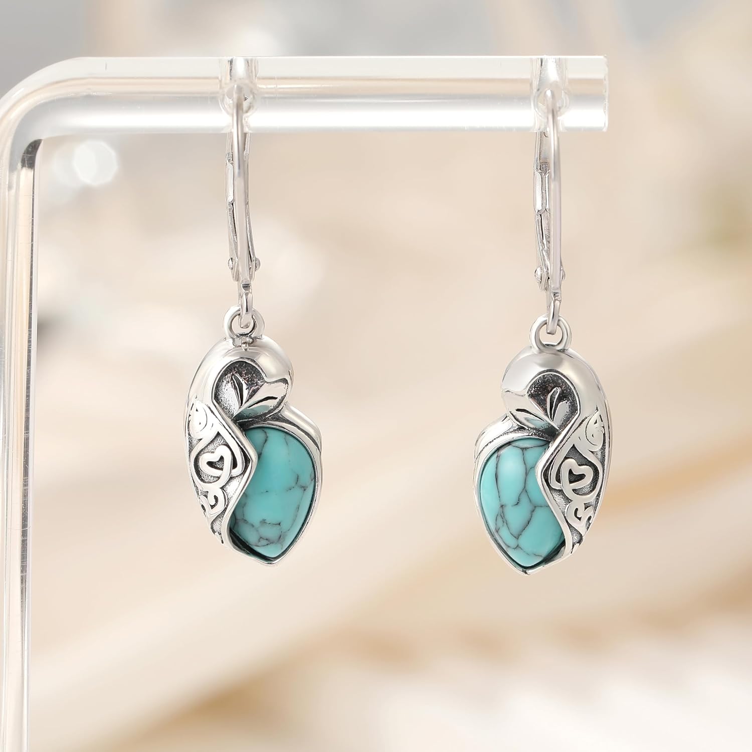 Turquoise Dangle Earrings for Women, 925 Sterling Silver Hook Western Teardrop Bohemian Earrings, Boho Turquoise Earrings, Turquoise Hoop Earrings