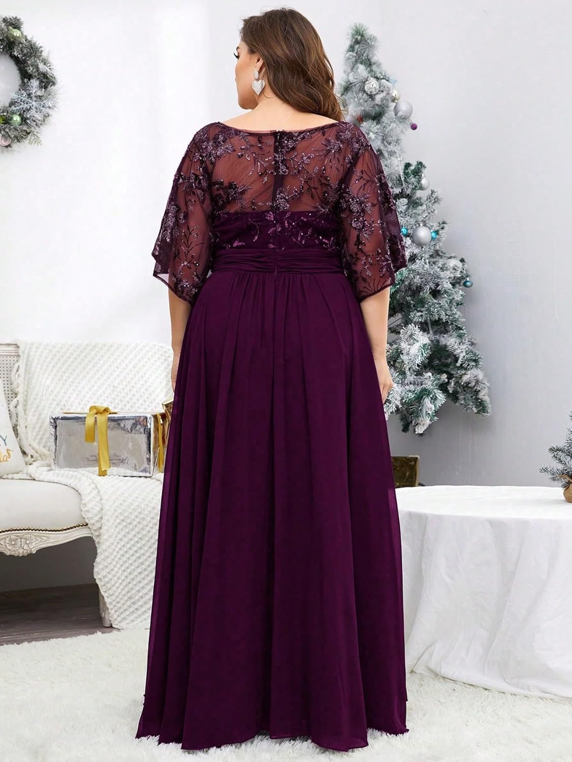 Women's Plus Size V Neck Lace Sequin Embellished with Pleat Waist Contrast Chiffon Long Formal Evening Party Dress - Image 4